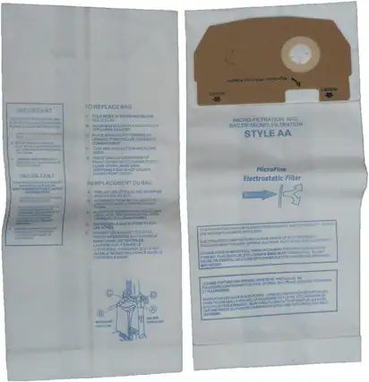 **IMPORTANT**
To protect your motor and maintain peak suction power, please follow these instructions:
1. Do not overfill the bag.
2. Do not use the vacuum cleaner if the bag is full.
3. Do not use the vacuum cleaner if the bag is damaged.
4. Do not use the vacuum cleaner if the bag is not properly installed.
5. Do not use the vacuum cleaner if the bag is not properly aligned.
**TO REPLACE BAG**
A. Fold sides of paper bag below bag collar.
B. Align bag collar hole and notch with hose adapter.
C. Place bag collar corners on ledges.
D. Tuck bag into bottom and along sides.
E. Place tabs on lower part of front cover.
F. Make sure slots are not caught under front cover.
**IMPORTANT**
Pour protéger le moteur et maintenir la puissance d'aspiration, suivez ces instructions :
1. Ne pas surcharger le sac.
2. Ne pas utiliser l'aspirateur si le sac est plein.
3. Ne pas utiliser l'aspirateur si le sac est endommagé.
4. Ne pas utiliser l'aspirateur si le sac n'est pas correctement installé.
5. Ne