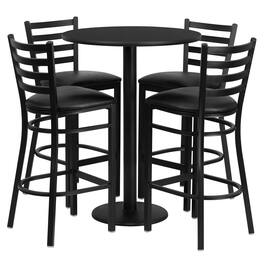Flash Furniture - Jamie 30'' Round Laminate Table Set with Round Base and 4 Ladder Back Metal Barstools - Vinyl Seat - Black