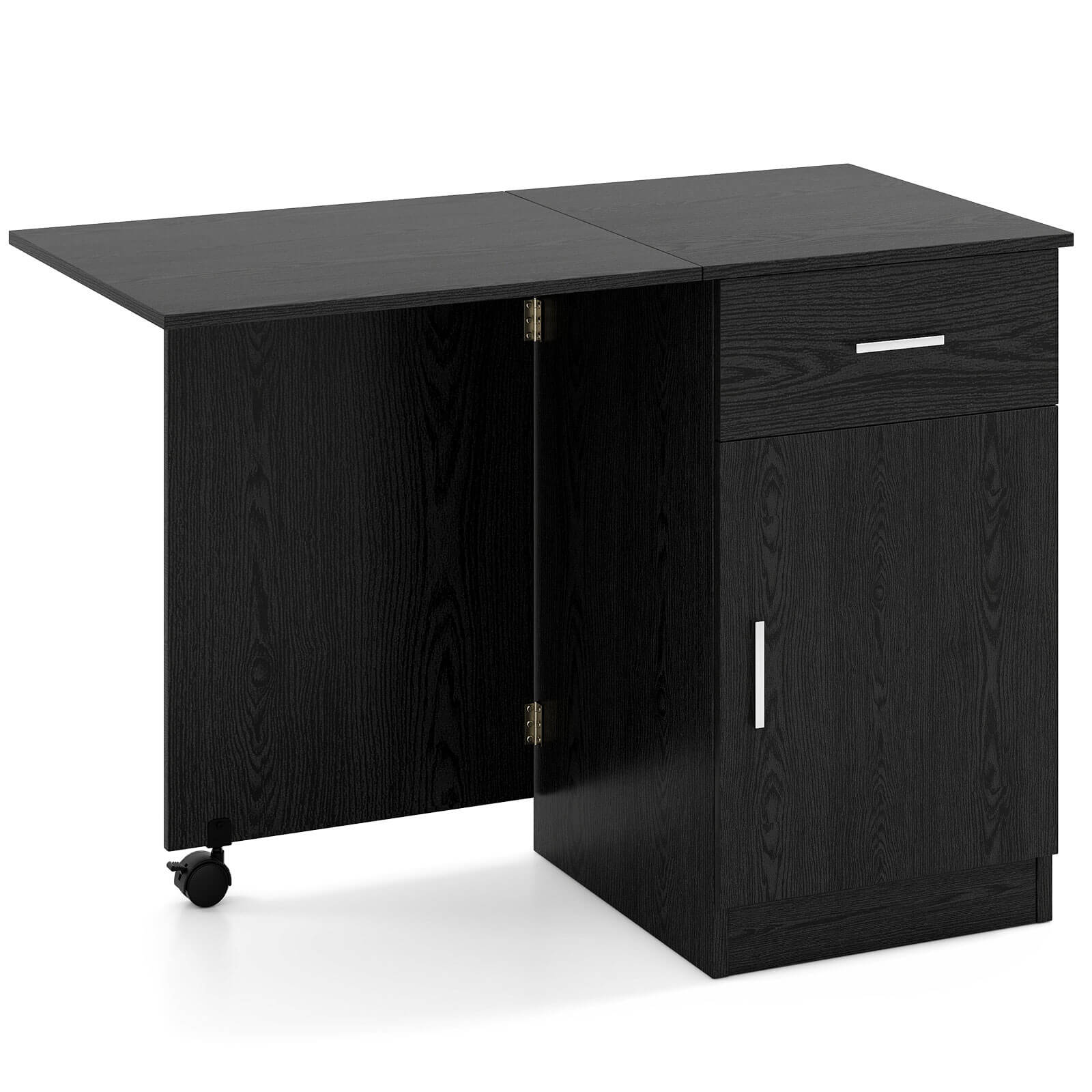 Angle. Costway - Costway Folding Computer Desk with Drawer Cabinet & Adjustable Shelf Wheel for Living Room, Black - Black.