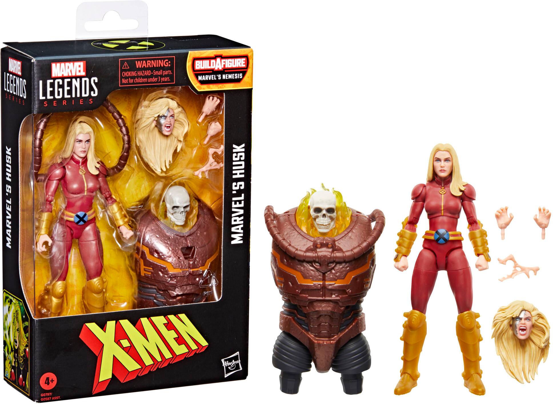 The text on the image reads: "EYAN MARVEL A WARNING: BUILDAFIGURE CHOKING HAZARD-Smal parts. Not for children under 4 years. LEGENDS LEGENDS SERIES SERIES HUSK S. MARVEL HUSK S. MARVEL DO78N 4+ XMEN Hashr GOS8? ASST."
