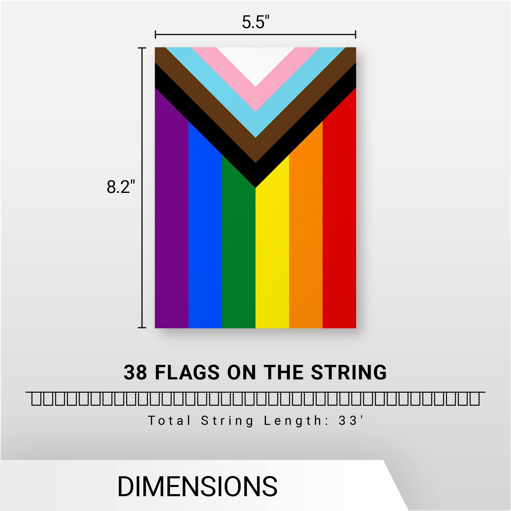 5.5"  
8.2"  
5"  

38 FLAGS ON THE STRING  
Total String Length: 33'  

DIMENSIONS
