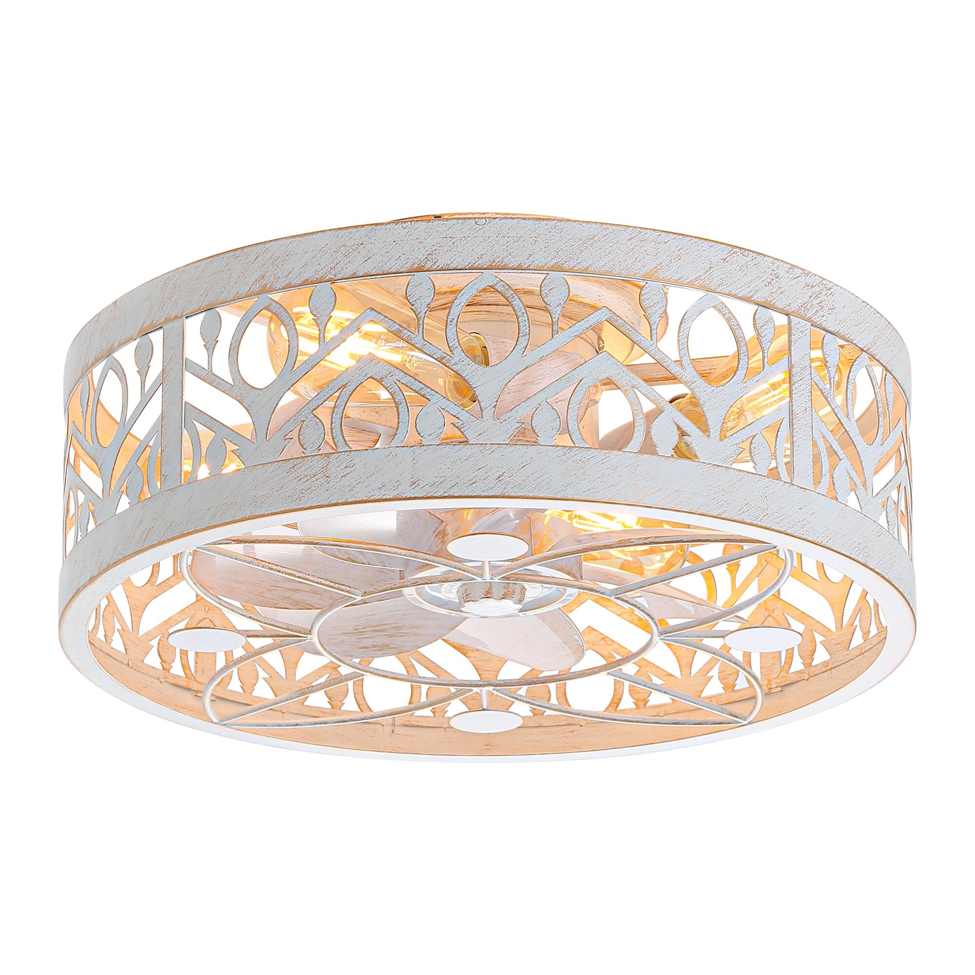 Angle. Breezary - 16.5'' Indoor Caged Ceiling Fan with  7-Blade, Reversible DC Motor, 6-Speed Remote Control，1-8H Timer - Distressed White and Gold.