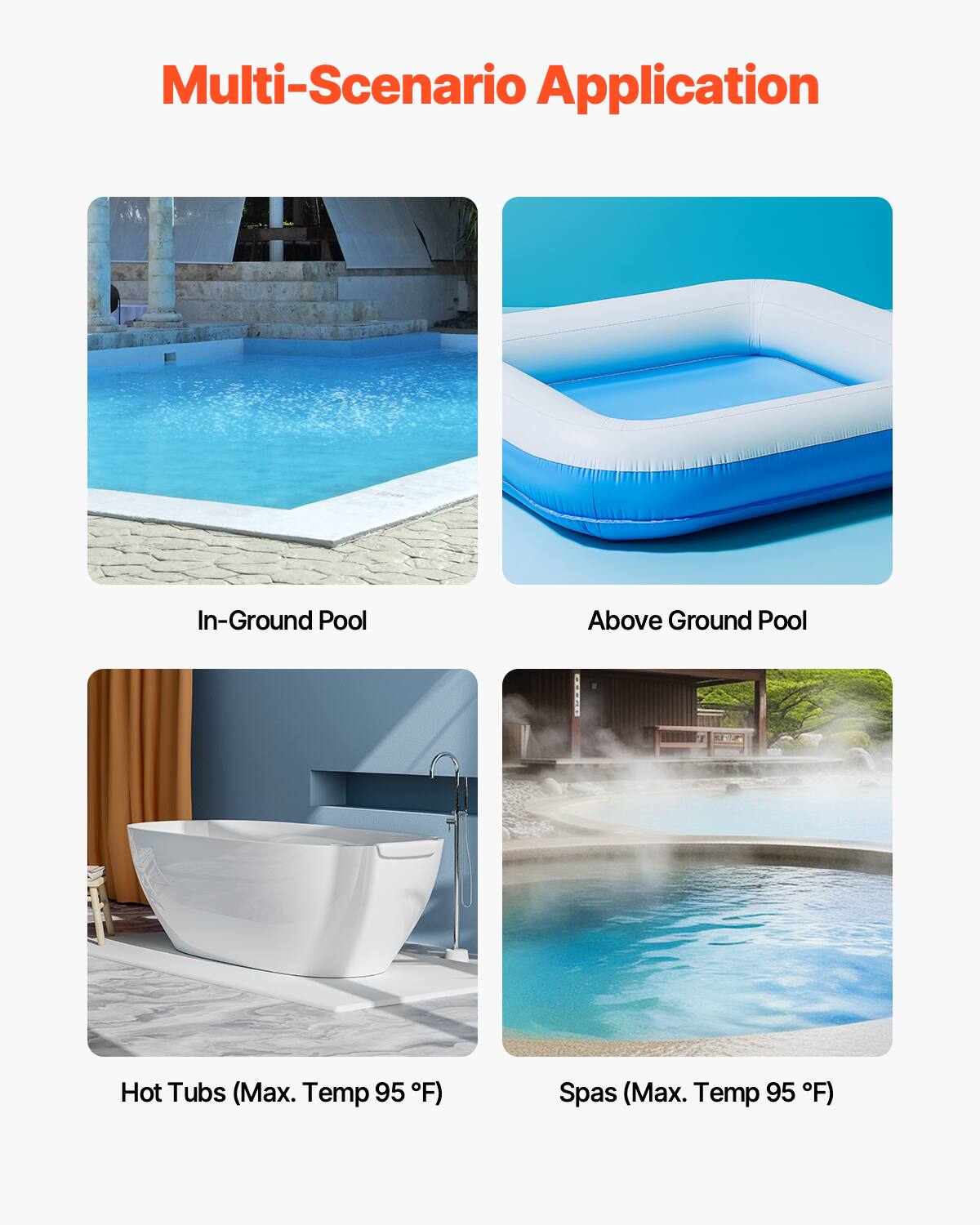 Multi-Scenario Application

- In-Ground Pool
- Above Ground Pool
- Hot Tubs (Max. Temp 95 °F)
- Spas (Max. Temp 95 °F)