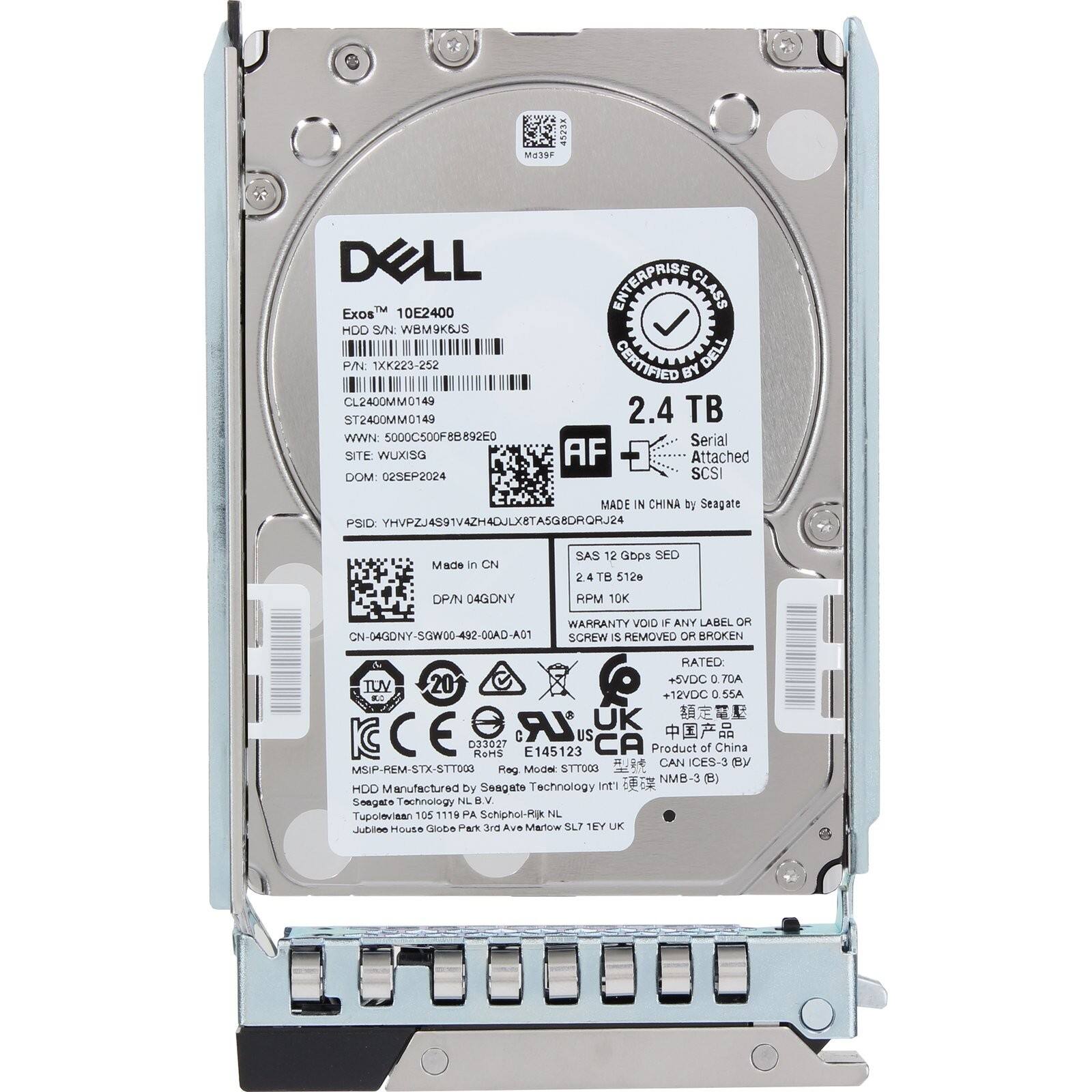 DELL Exos™ 10E2400  
HDD S/N: WBM9KBJS  
P/N: XK223-252  
CL2400MM0149  
ST2400MM0149  
WWN: 5000C500F88892E0  
SITE: WUXISG  
DOM: 02SEP2024  
ENTERPRISE CLASS CERTIFIED BY DELL  
2.4 TB  
Serial AF  
Attached SCSI  
MADE IN CHINA by Seagate  
PSID: YHVPZJ4S91V4ZH4DJLXETA5G8DRRJ24  
SAS 12 Gbps SED  
24 TB 512e  
RPM 10K  
WARRANTY VOID IF ANY LABEL OR SCREW IS REMOVED OR BROKEN  
RATED: +12VDC 0.70A  
+12VDC 0.55A  
CN-04GDNY-SGW00-492-0GAD-A01  
MSIP-REM-STX