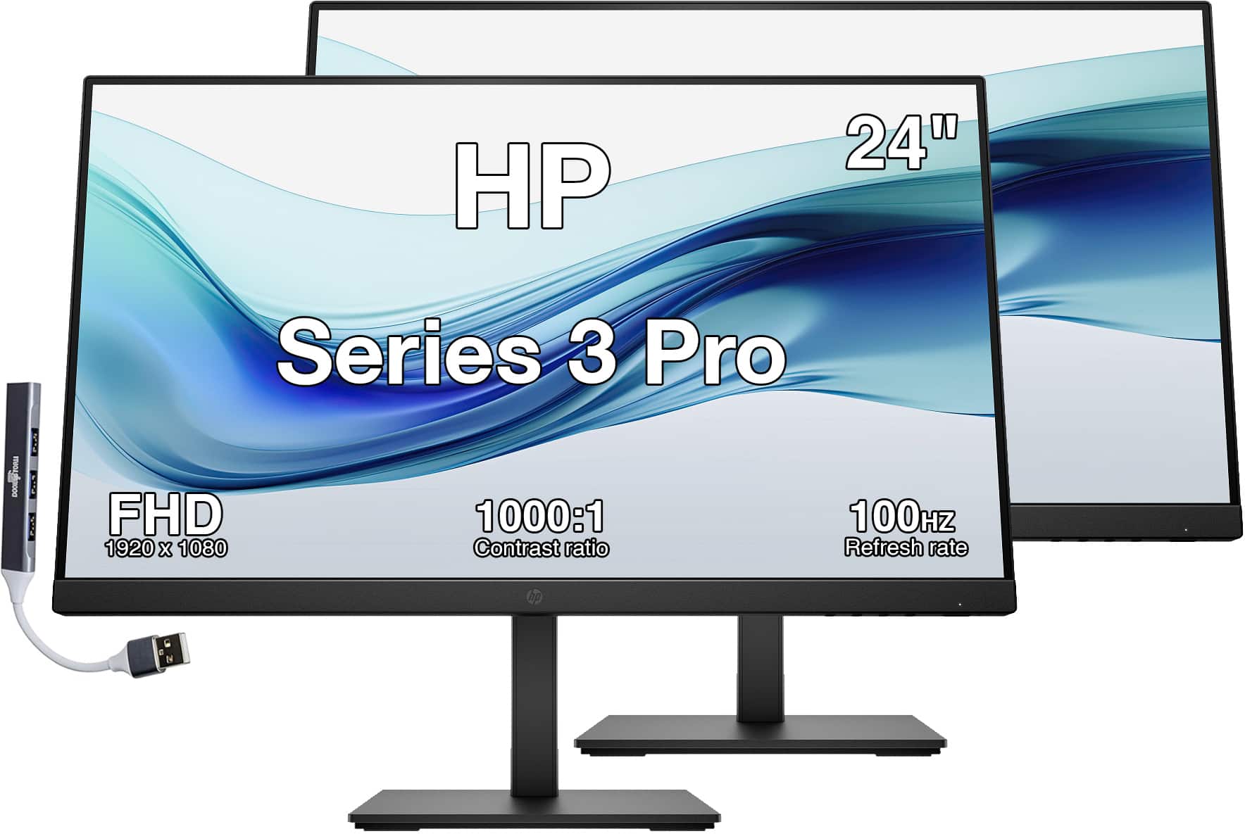HP - Series 3 Pro 24" FHD IPS Monitor, 5ms Response Time, Anti-Glare, Built-in Speakers, Displayport, HDMI & DKZ Hub 2Pack - Black