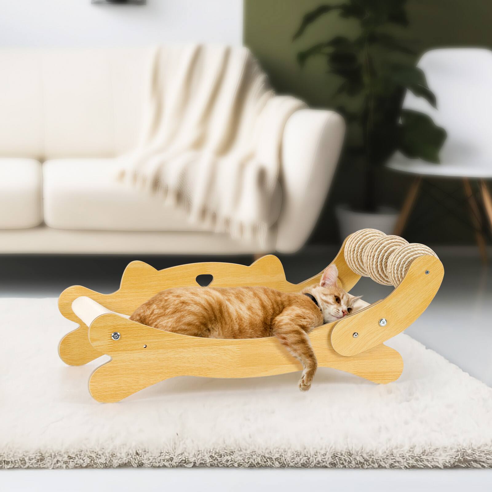 Alt View 1. Oumilen - Cat Lounge Bed with Sisal Scratching Rollers, Cat-Shaped Cat Hammock Bed for Indoor Cats - Natural.
