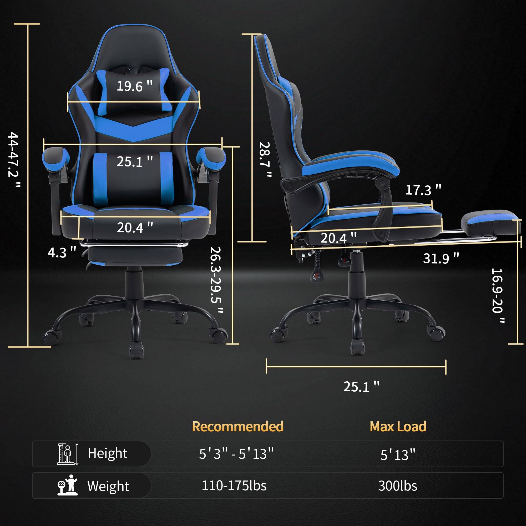 Sure, here is the corrected and grouped text from the image:

---

**Dimensions:**

- Seat Height: 19.6" - 25.1"
- Seat Width: 20.4"
- Back Height: 25.1"
- Back Width: 28.7"
- Armrest Height: 17.3"
- Armrest Width: 20.4"
- Base Width: 31.9"
- Base Height: 4.3"
- Base Diameter: 26.3" - 29.5"
- Seat Depth: 16.9" - 20"
- Overall Height: 44" - 47.2"

**Recommended:**

- Height: 5'3" - 5'13"
- Weight: 110-175lbs

**Max Load:**

- Height: 5'13"
- Weight: 300lbs

---