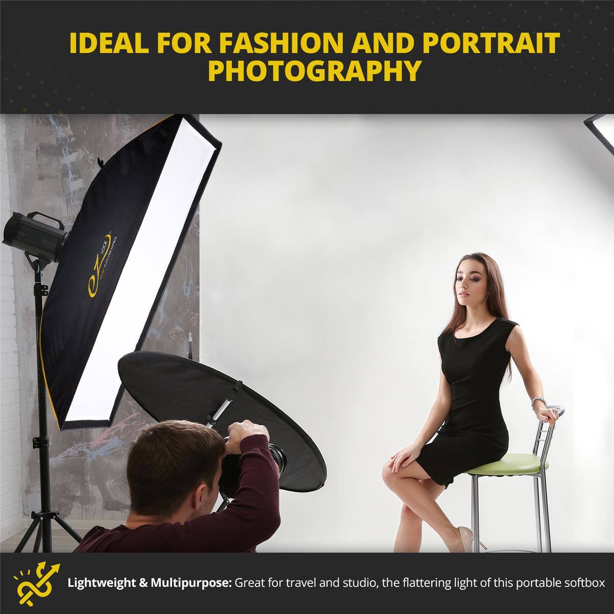 IDEAL FOR FASHION AND PORTRAIT PHOTOGRAPHY

Lightweight & Multipurpose: Great for travel and studio, the flattering light of this portable softbox