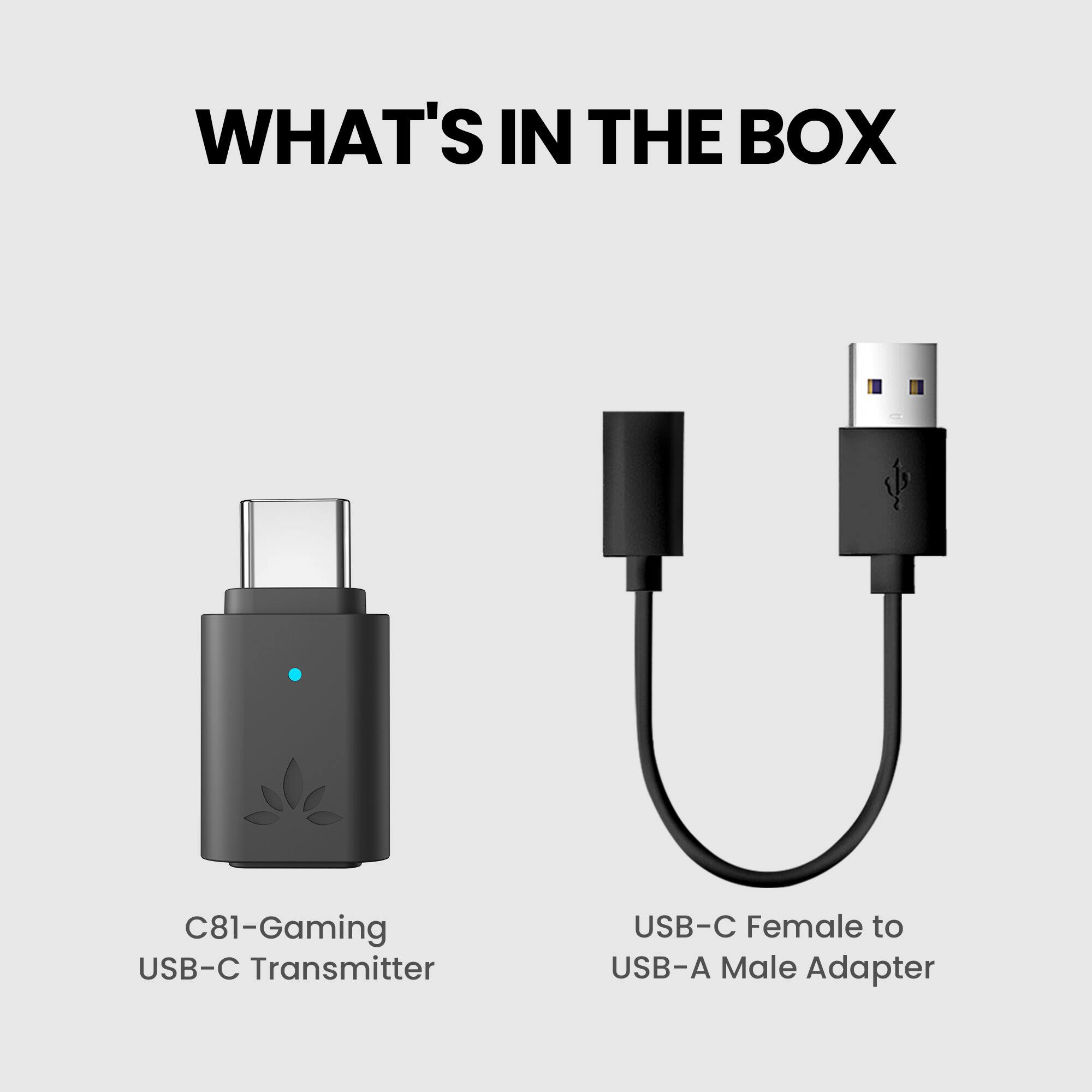 WHAT'S IN THE BOX

C81-Gaming USB-C Transmitter

USB-C Female to USB-A Male Adapter