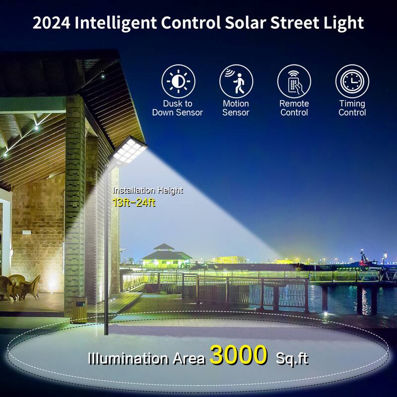2024 Intelligent Control Solar Street Light

- Dusk to Down Sensor
- Motion Sensor
- Remote Control
- Timing Control

Installation Height: 13ft-24ft

Illumination Area: 3000 Sq.ft