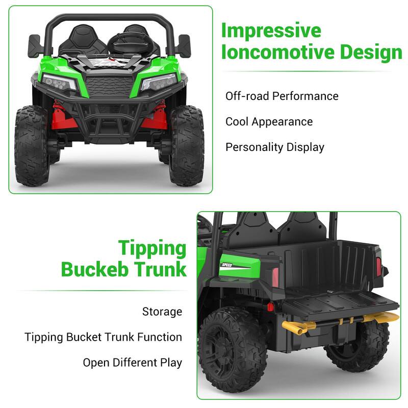 Impressive Ioncomotive Design  
- Off-road Performance  
- Cool Appearance  
- Personality Display  

Tipping Buckeb Trunk  
- Storage  
- Tipping Bucket Trunk Function  
- Open Different Play