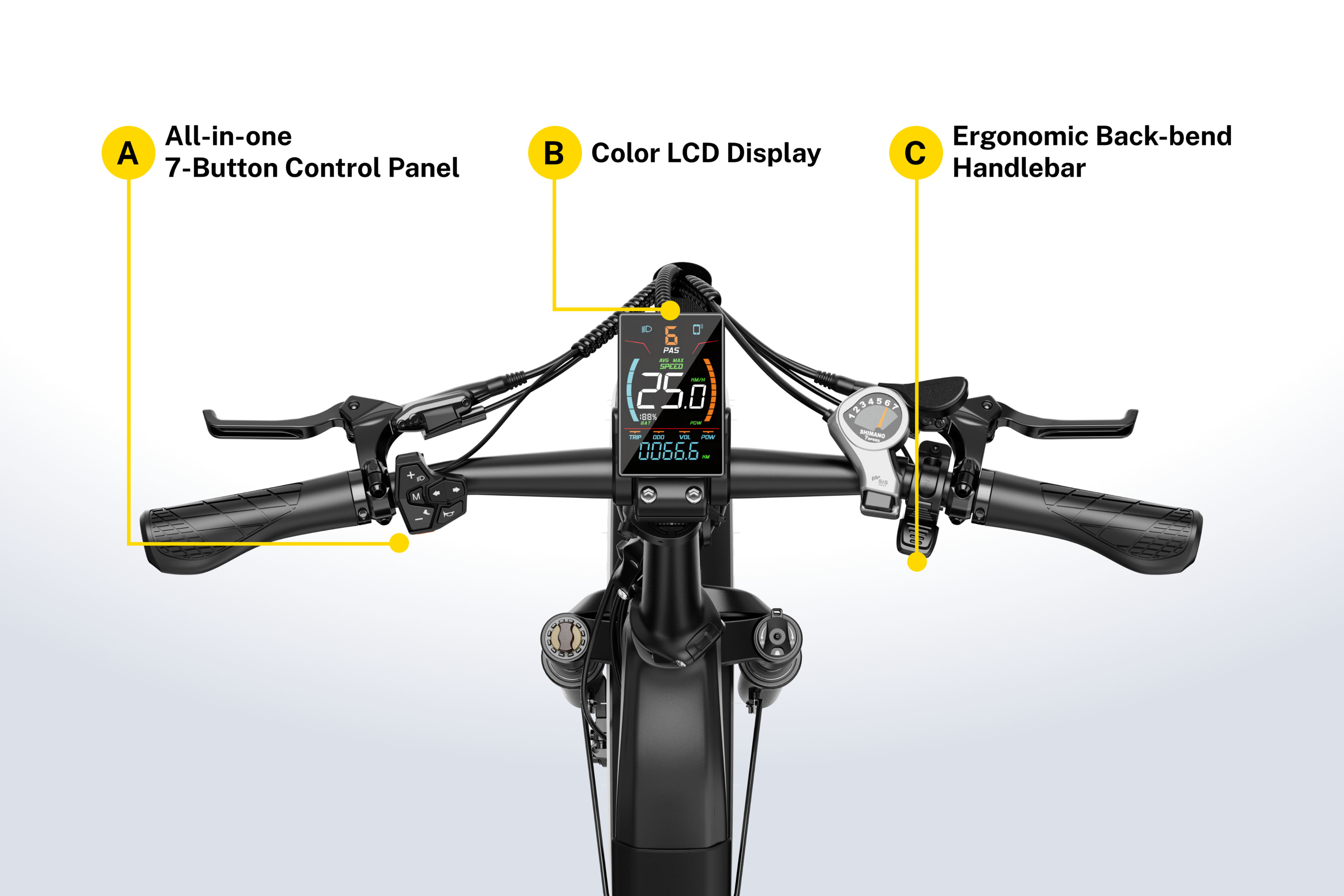 A. All-in-one 7-Button Control Panel  
B. Color LCD Display  
C. Ergonomic Back-bend Handlebar