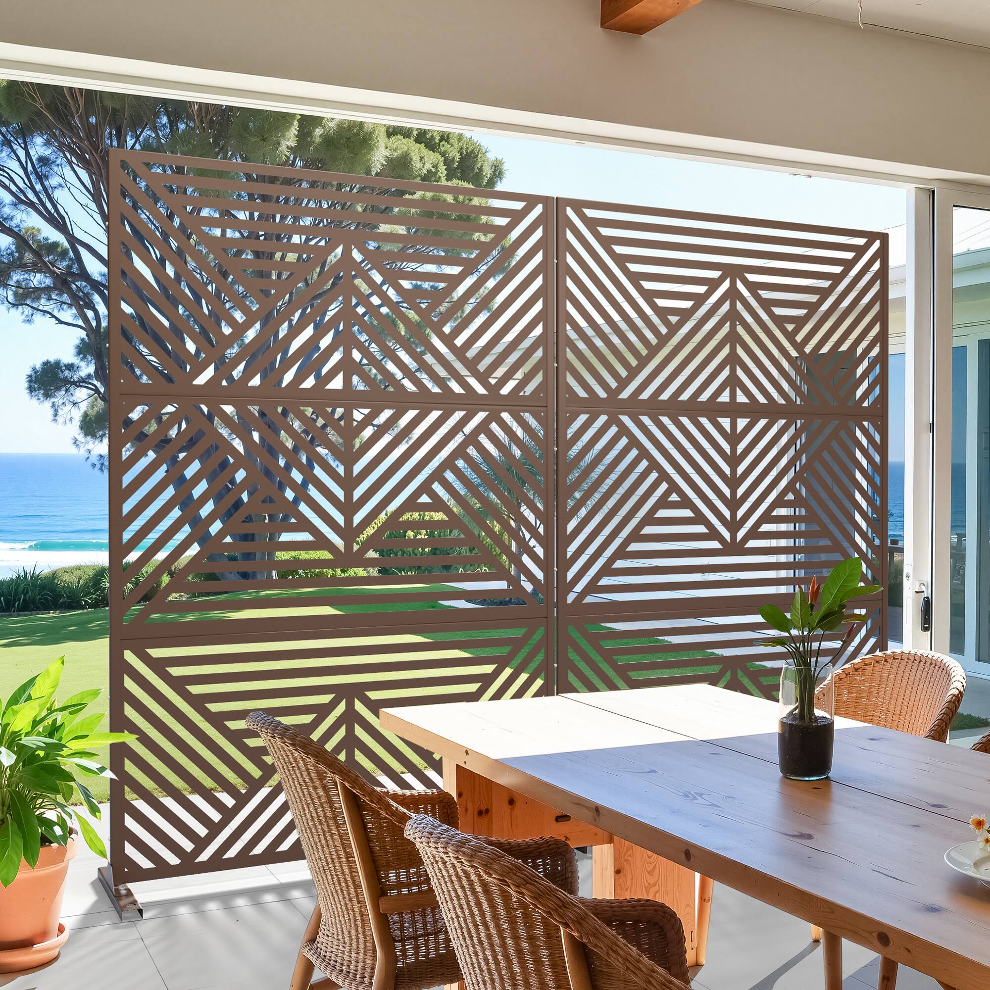 Alt View 2. PexFix - 72 in. x 47 in. Zodiac Pattern Metal Outdoor Privacy Screen & Panels, Freestanding Garden Divider Fence - Brown.