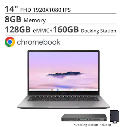 14" FHD 1920x1080 IPS
8GB Memory
128GB eMMC + 160GB Docking Station
Chromebook
*Docking Station Included