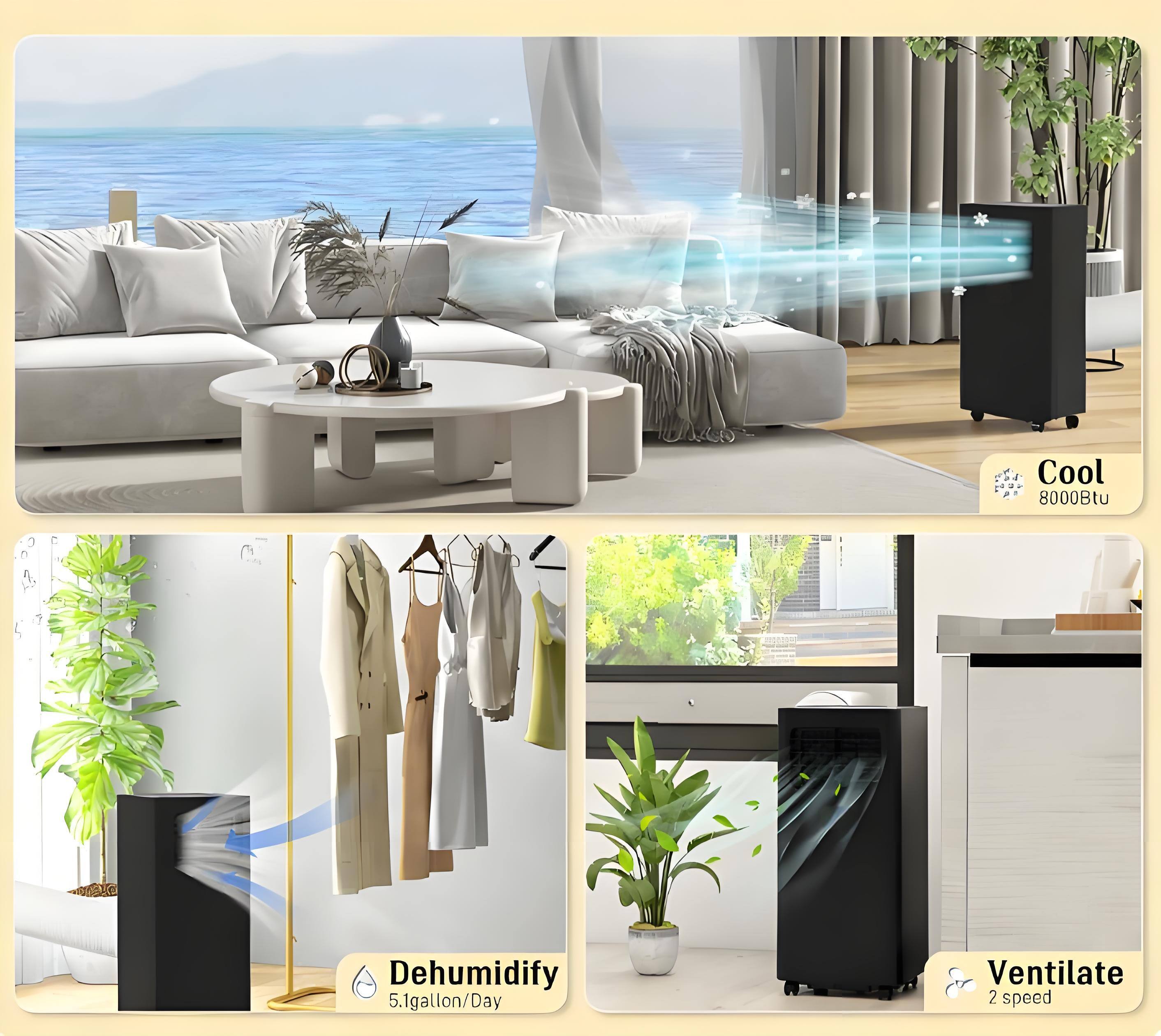 Cool 8000Btu  
Dehumidify 5.1gallon/Day  
Ventilate 2 speed