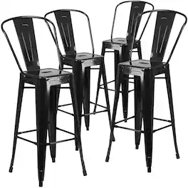 Emma + Oliver - Commercial Grade 4 Pack 30" High Metal Indoor-Outdoor Barstool with Back - Black