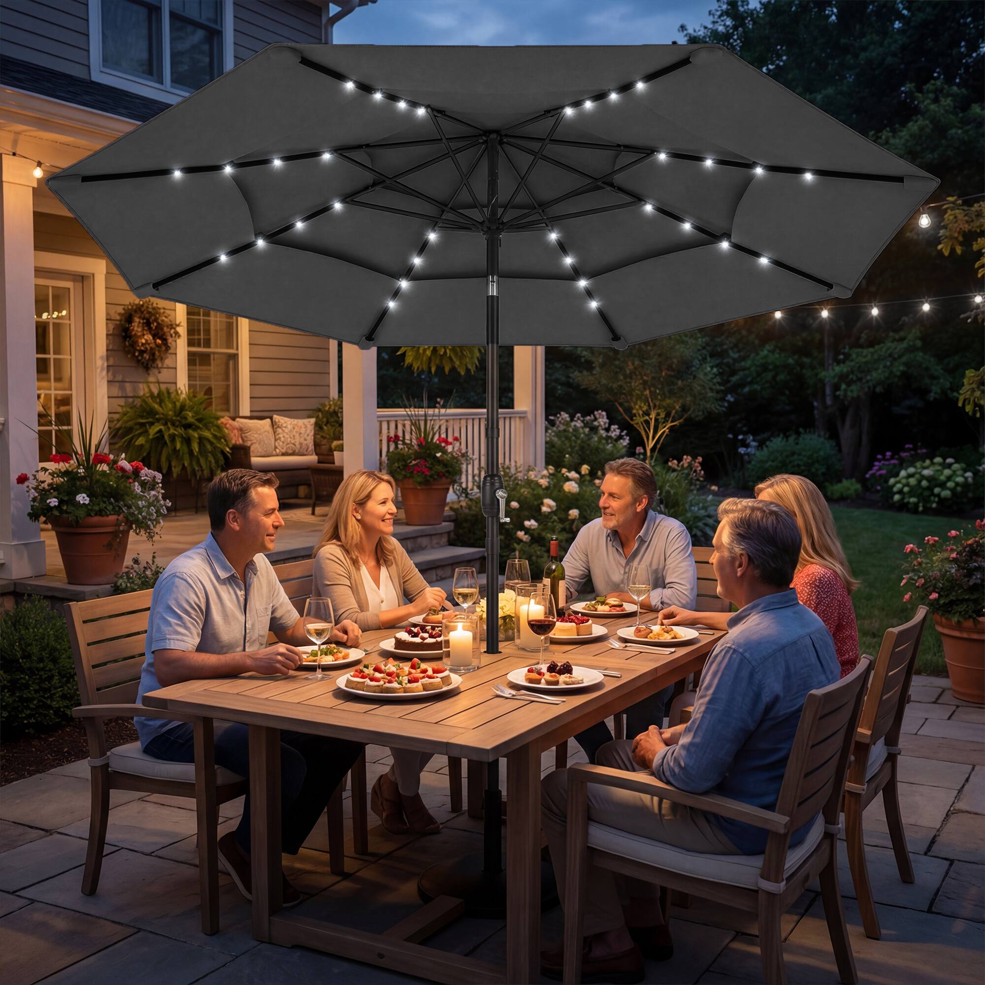 Alt View 1. Outsunny - ft Outdoor Patio Umbrella with Solar LED Lights, 3 Tier Outdoor Table Umbrella with Tilt - Black.