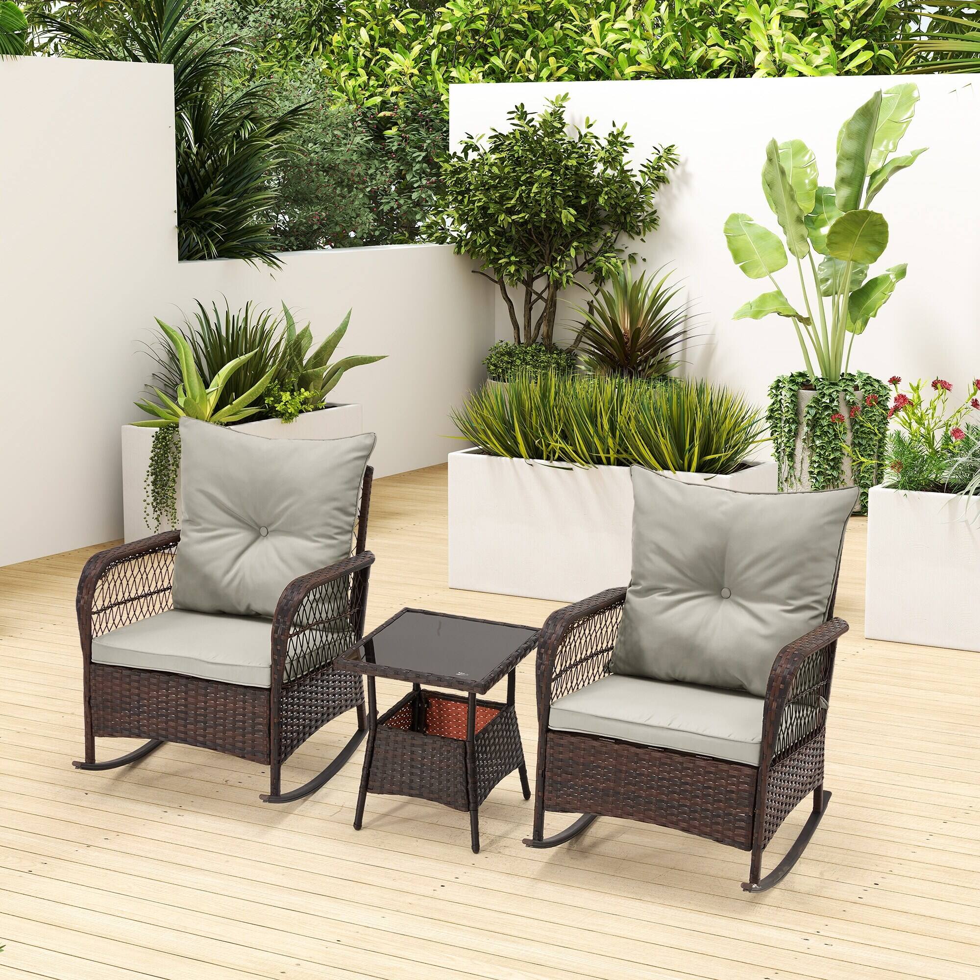 Alt View 6. U-HOMY - 3-Piece PE Rattan Rocking Chair Patio Set with Cushions & Coffee Table, Rattan Outdoor Furniture - Grey.