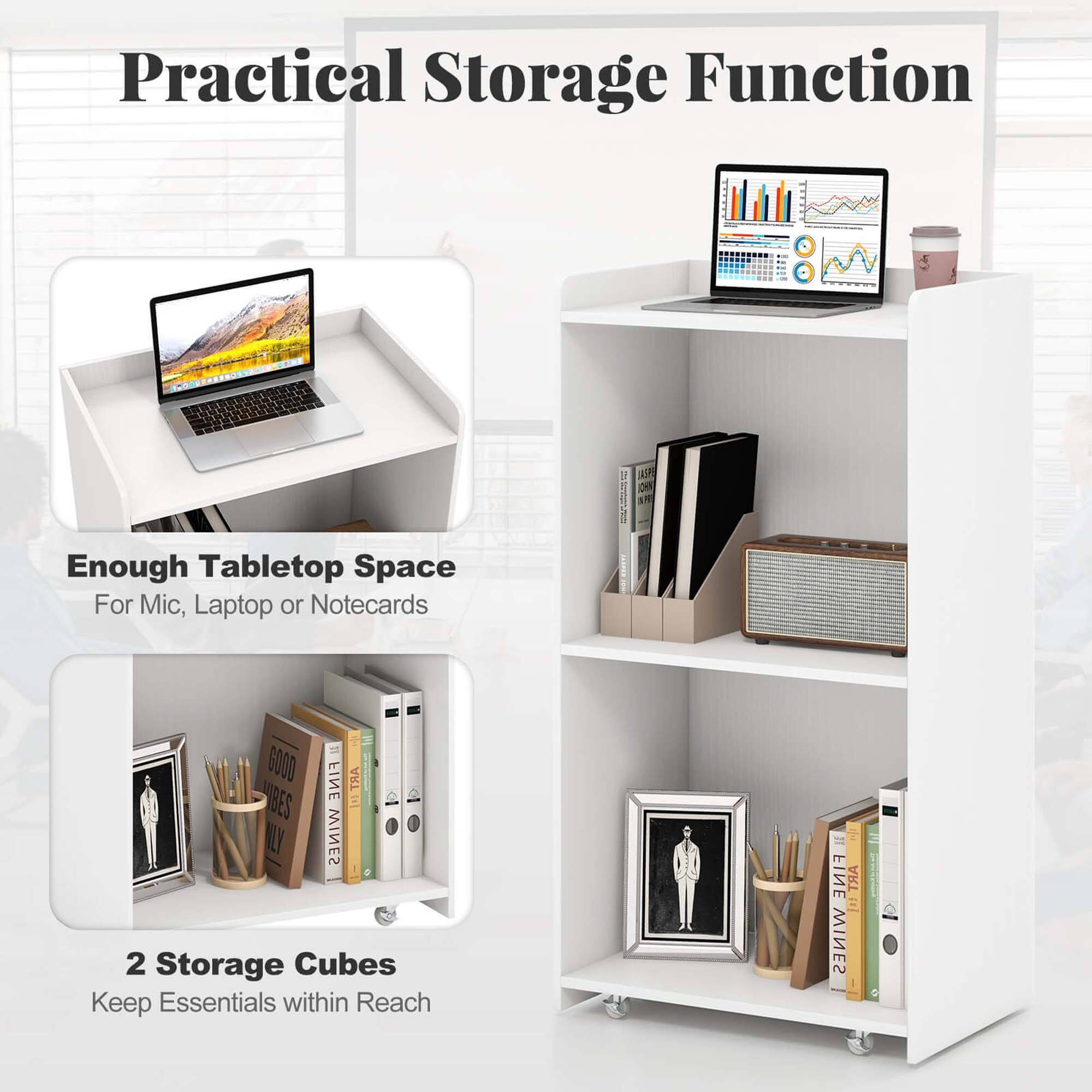 Practical Storage Function

Enough Tabletop Space  
For Mic, Laptop or Notecards

2 Storage Cubes  
Keep Essentials within Reach
