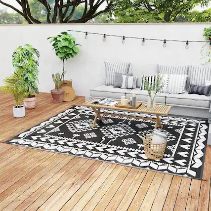 Front. Outsunny - Outdoor Rug for Patio, 8' x 10' Waterproof Large Mat, Reversible Plastic Straw Rug for Décor - Black and White Rhombus Patchwork.