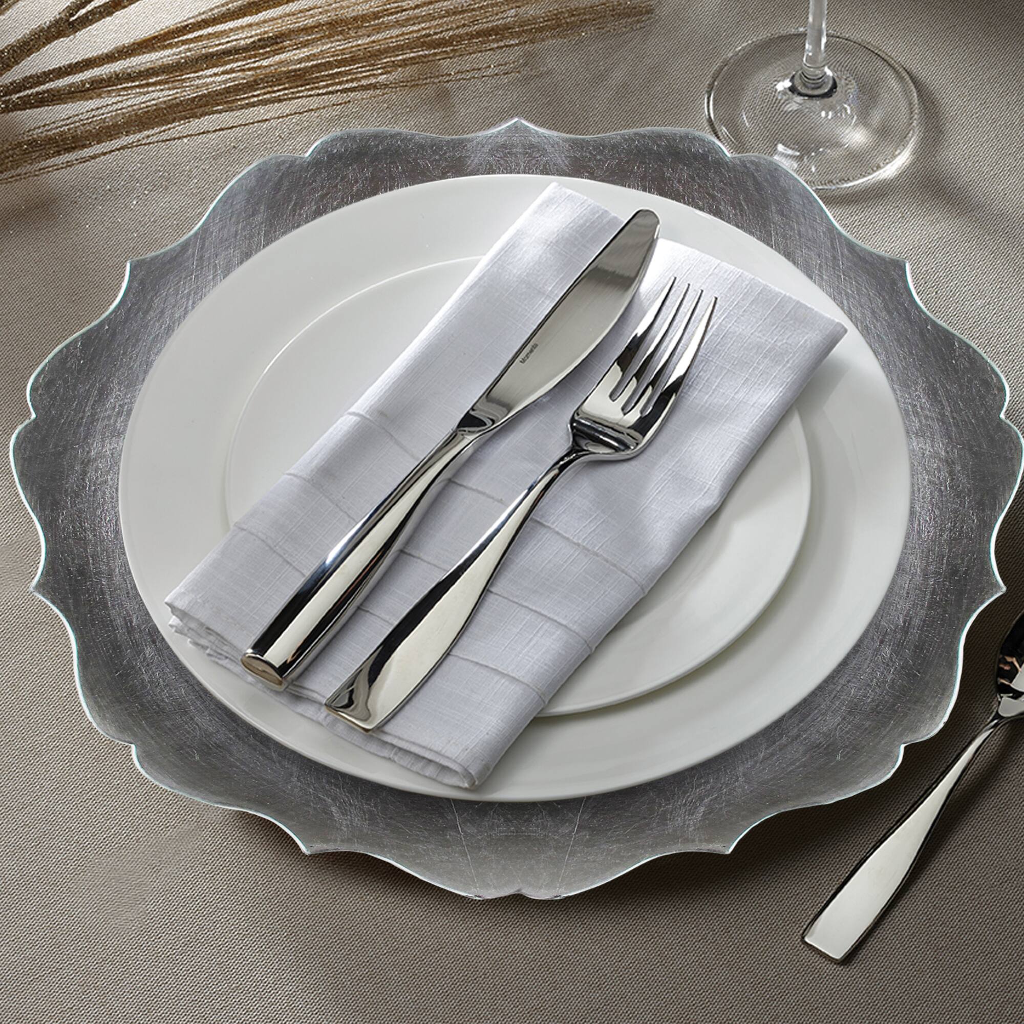 Left. American Atelier - Silver Scallop Charger Plate Set- 12 Pieces - Silver.