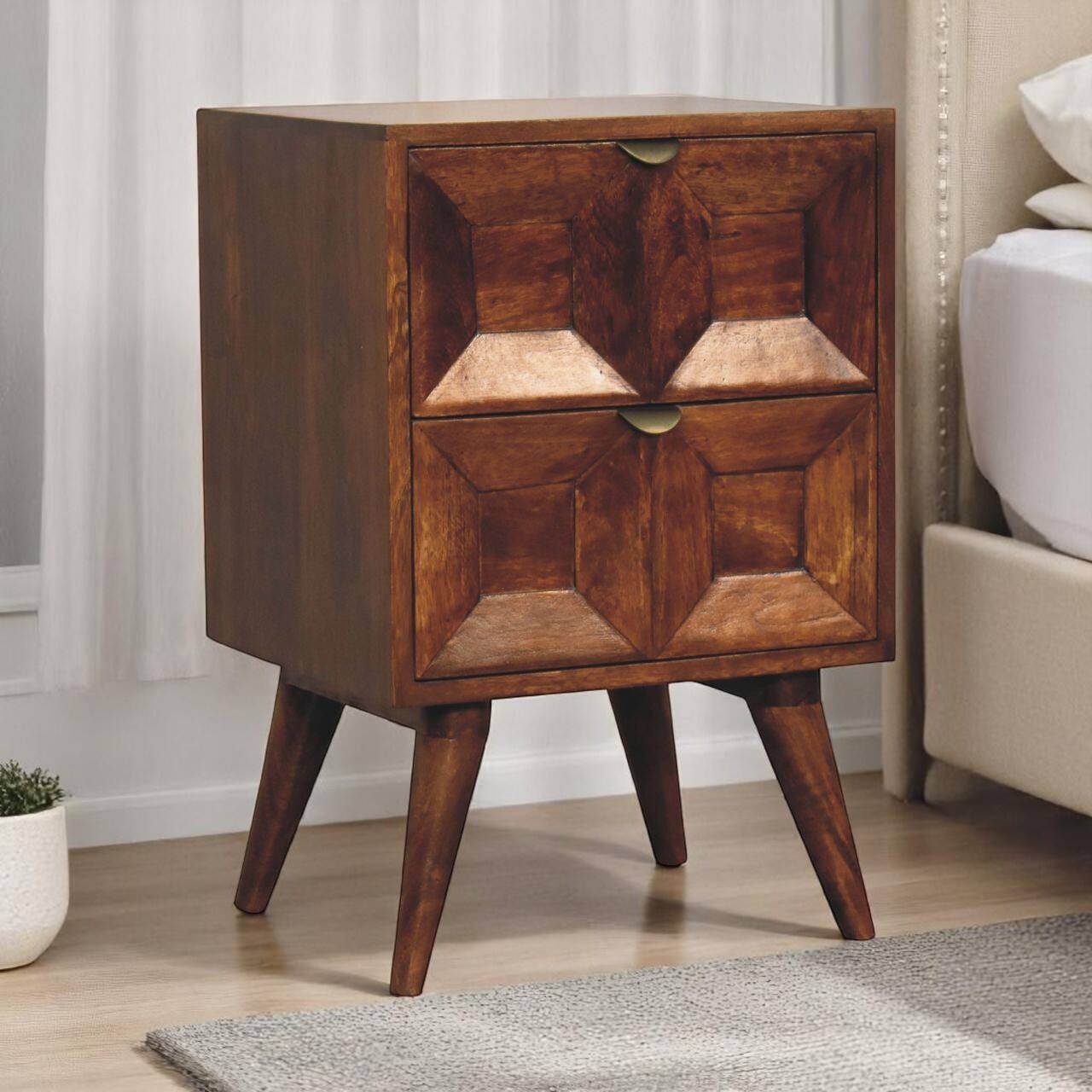 Angle. Artisan Furniture - Artisan Furniture Solid Wood Quad Nightstand, 2 Drawers, Nordic Legs, Chestnut, Dark Brown - Chestnut.