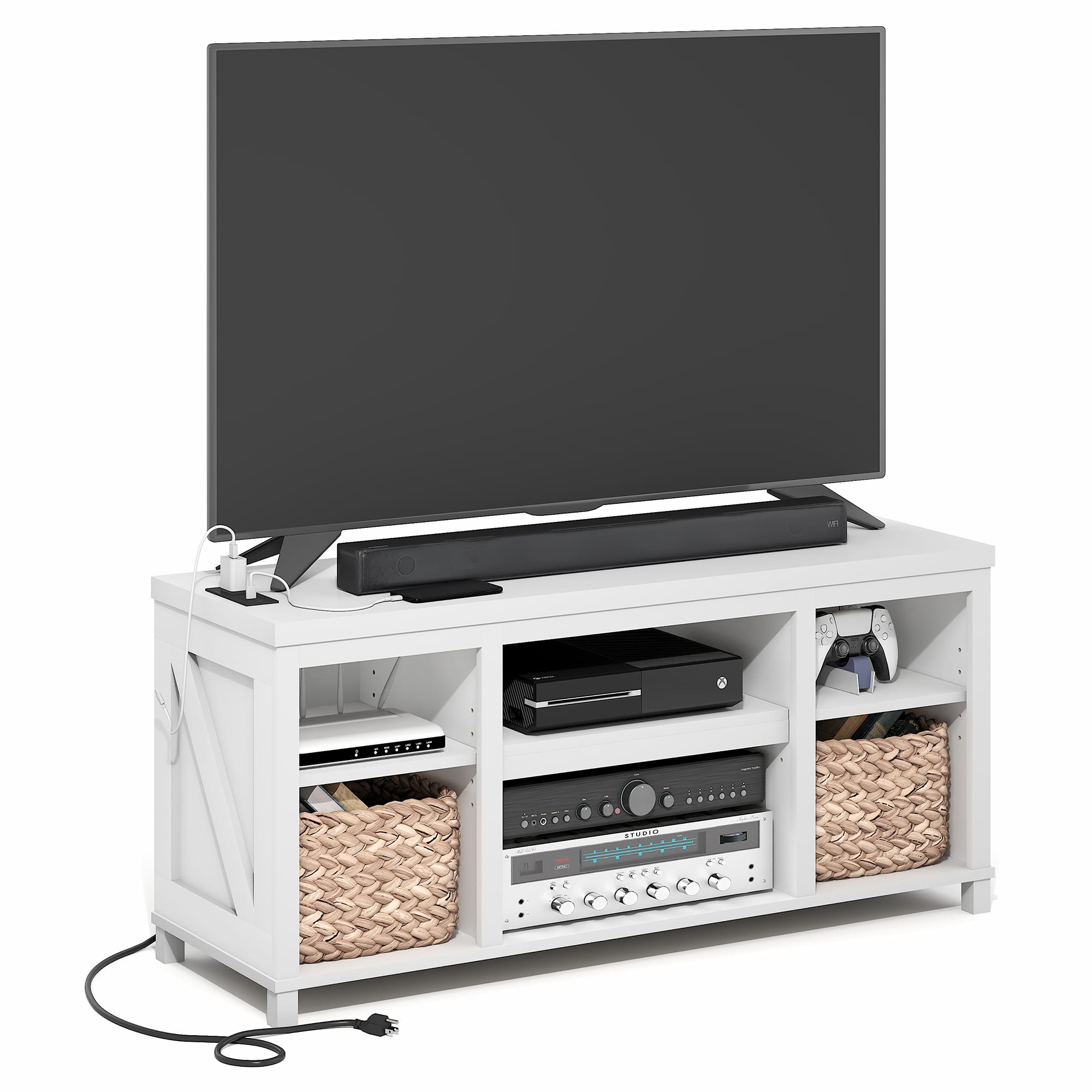 Furinno - FARMHOUSE TV Stand with Charging Station, 3-Tier TV Console with USB Ports and Power Outlets, for Living Room, Bedroom - White