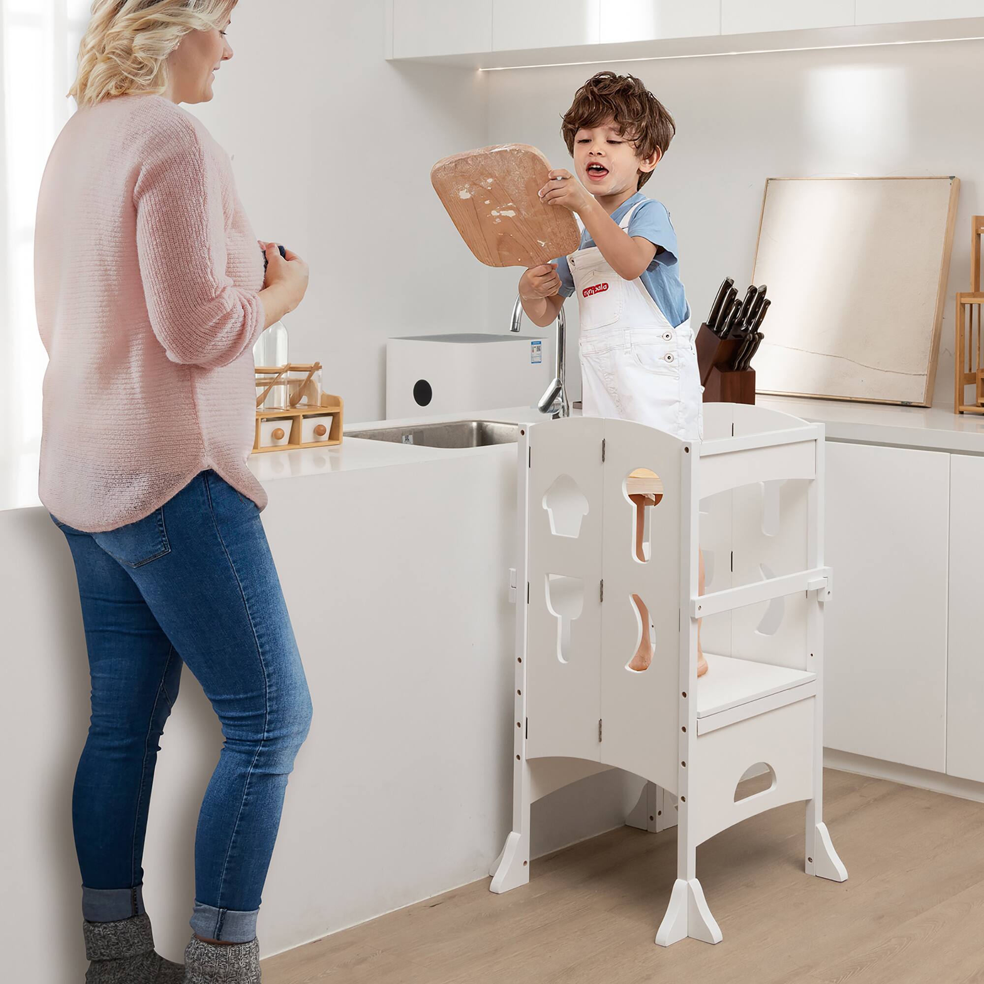 Alt View 3. Costway - Costway Folding Kitchen Kids Step Ladder Stool Wooden Toddler Safety Tower Helper - White.