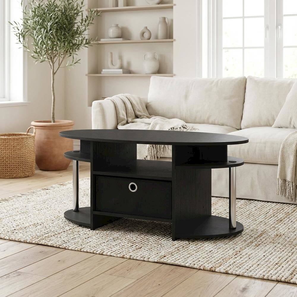 Left. FurniFact - Americano Oval Coffee Table with Storage Bin and Chrome Steel Frame - Americano/Chrome/Black.