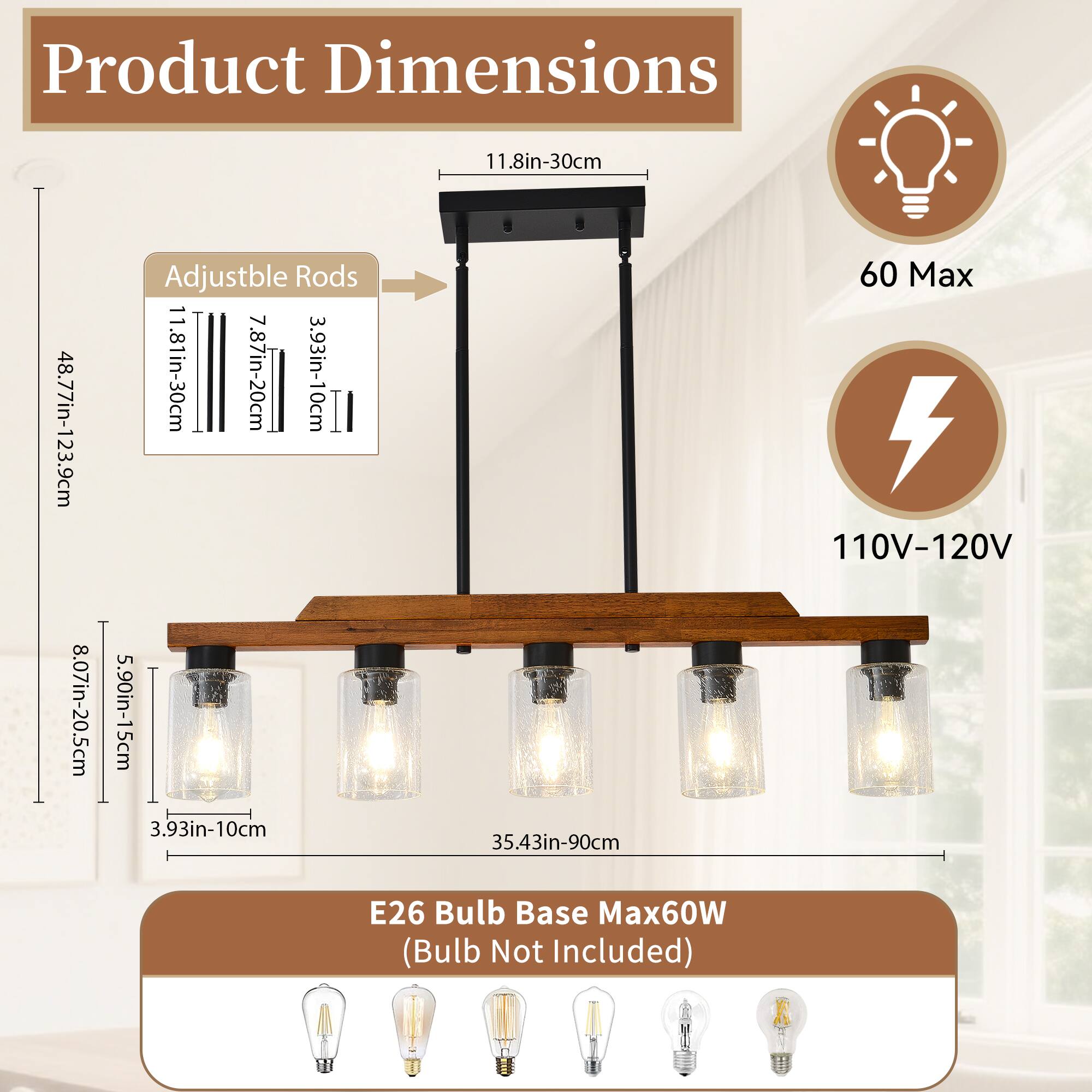 Product Dimensions  
- 11.8in-30cm  
- 48.77in-123.9cm  
- 8.07in-20.5cm  

Adjustable Rods  
- 11.81in-30cm  
- 7.87in-20cm  
- 3.93in-10cm  
- 5.90in-15cm  
- 3.93in-10cm  
- 35.43in-90cm  

60 Max  
110V-120V  
E26 Bulb Base Max60W (Bulb Not Included)