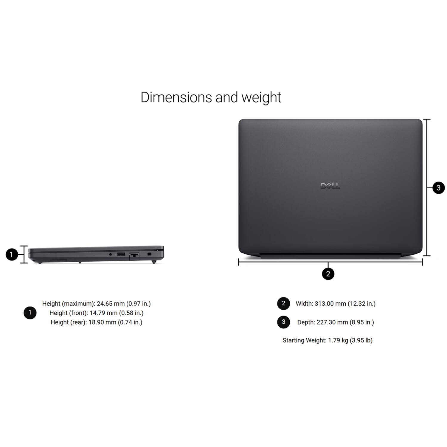 Dimensions and weight

Height (maximum): 24.65 mm (0.97 in.)
Height (front): 14.79 mm (0.58 in.)
Height (rear): 18.90 mm (0.74 in.)

Width: 313.00 mm (12.32 in.)
Depth: 227.30 mm (8.95 in.)

Starting Weight: 1.79 kg (3.95 lb)