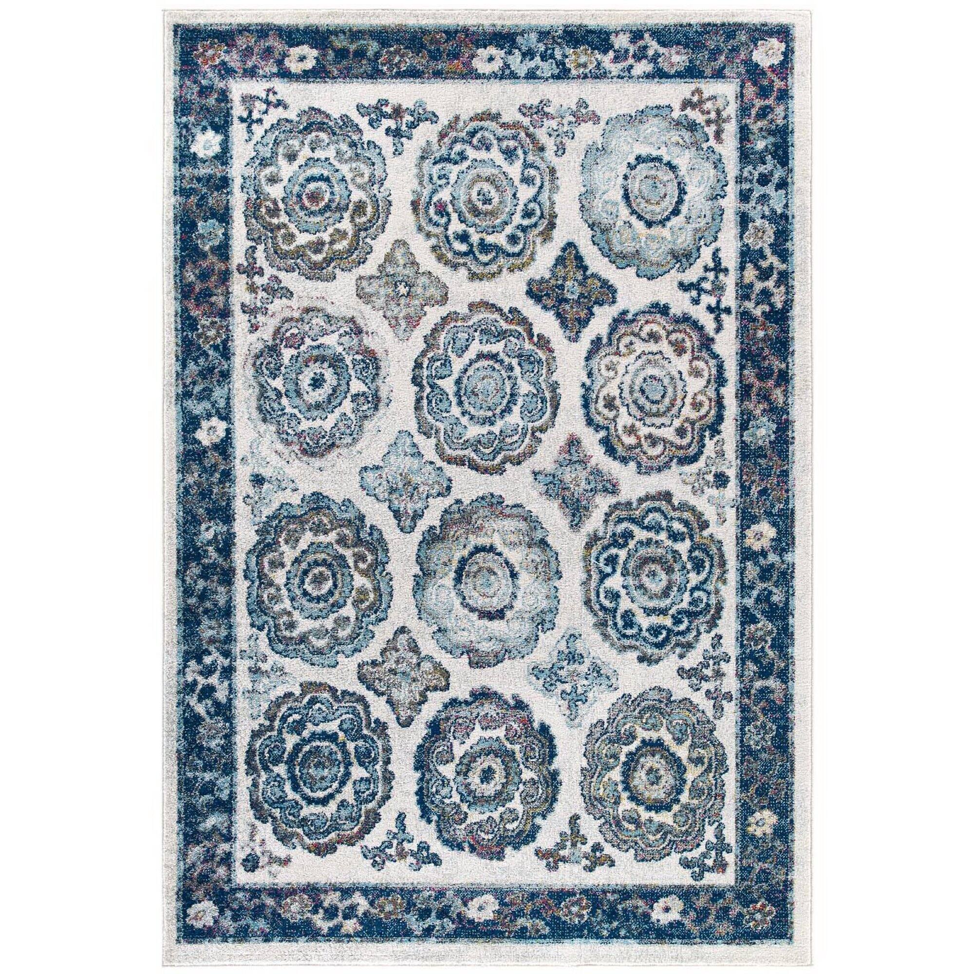 Angle. Modway - Entourage Odile Distressed Floral Moroccan Trellis Area Rug - Ivory and Blue.