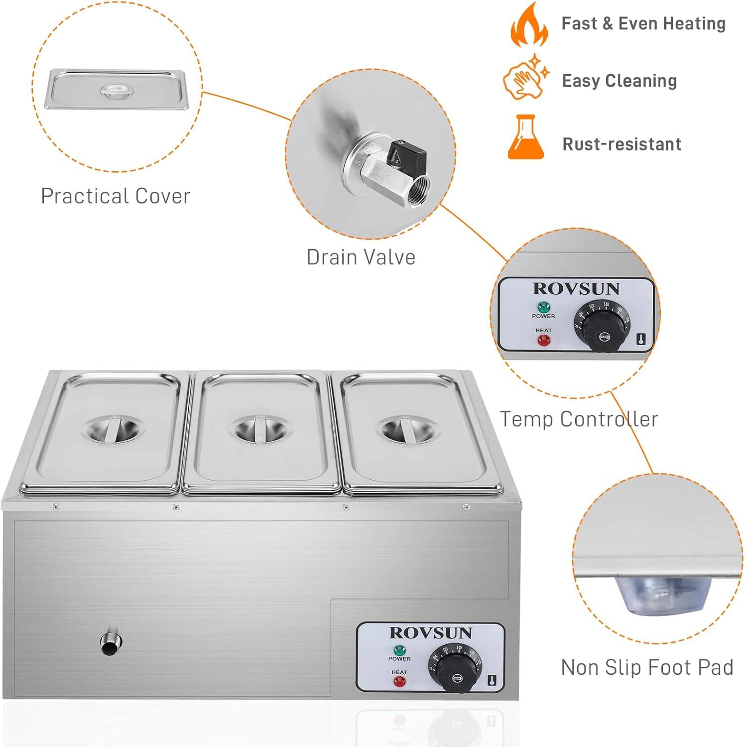 Fast & Even Heating  
Easy Cleaning  
Rust-resistant  
Practical Cover  
Drain Valve  
ROVSUN - POWER HEAT Temp Controller  
ROVSUN  
Non Slip Foot Pad
