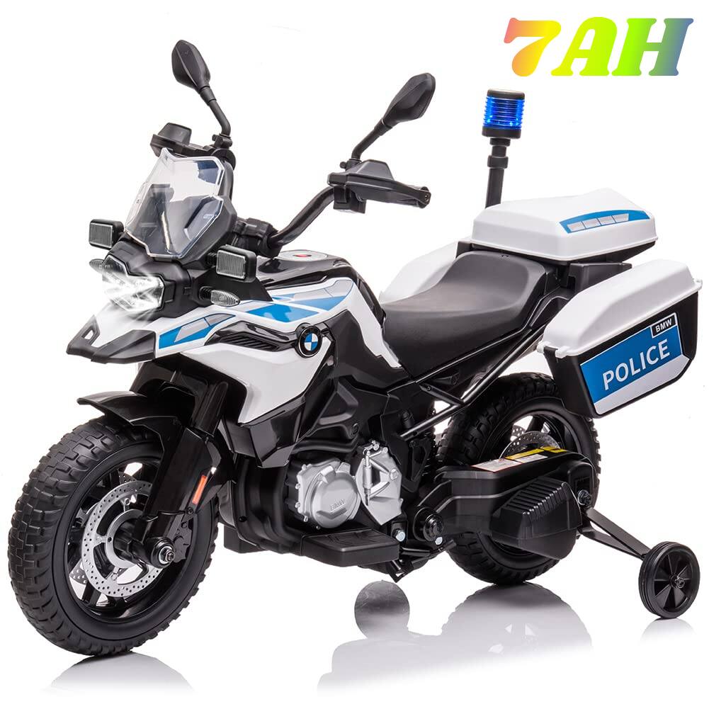 Jojoka - 12V 7AH Kids Motorcycle, Ride On Police Motorcycle with Training Wheels - White