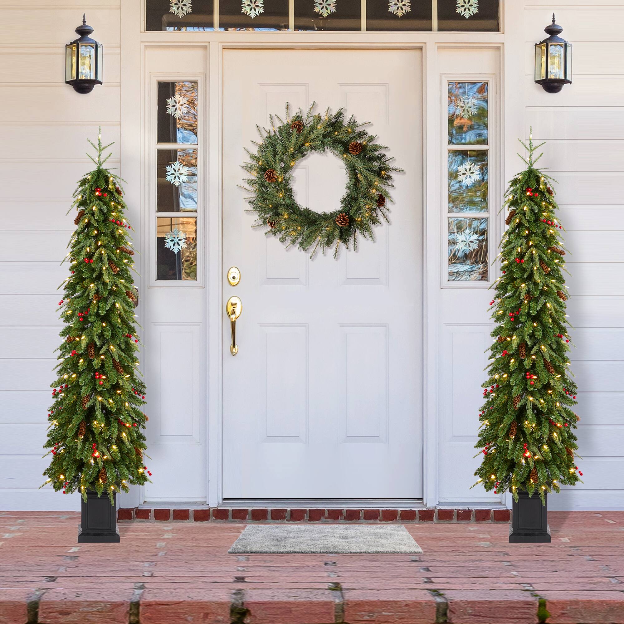 Alt View 4. Glitzhome - 6ft Pre-lit Green Artificial Christmas Porch Tree, red berries,pinecones, 180 warm white lights,3 function, Foot Pedal - Green.
