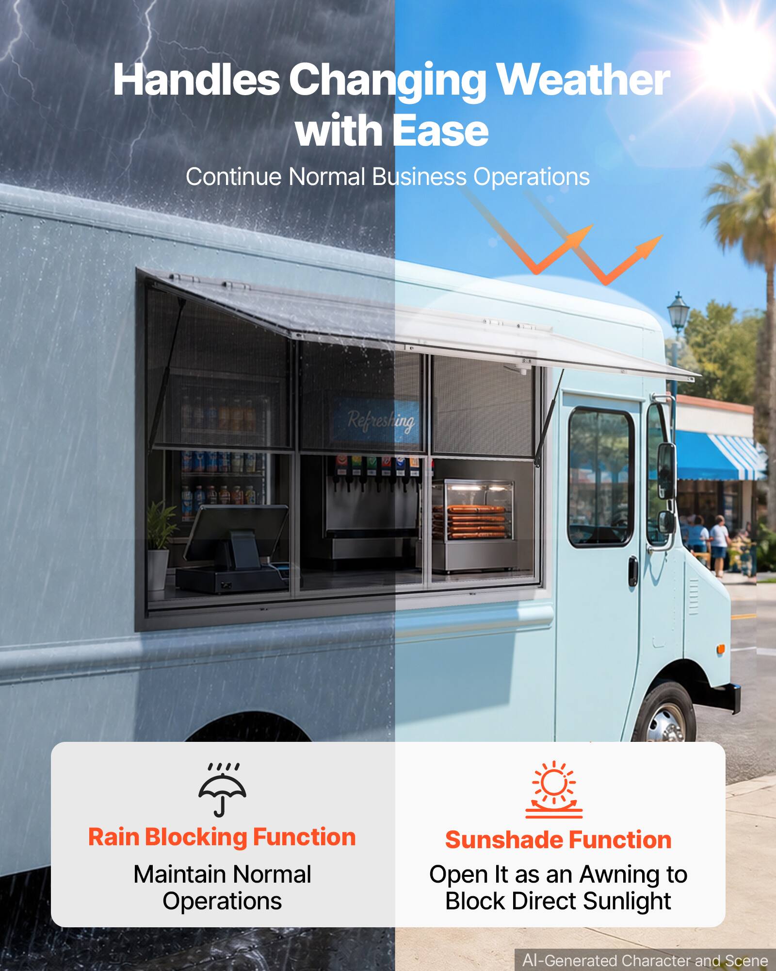 Handles Changing Weather with Ease  
Continue Normal Business Operations  

Refreshing Rain Blocking Function  
Maintain Normal Operations  

Sunshade Function  
Open It as an Awning to Block Direct Sunlight  

AI-Generated Character and Scene