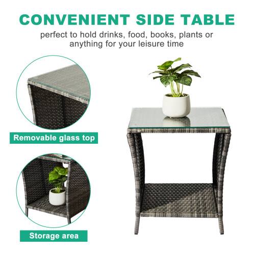 CONVENIENT SIDE TABLE  
perfect to hold drinks, food, books, plants or anything for your leisure time  

Removable glass top  
Storage area