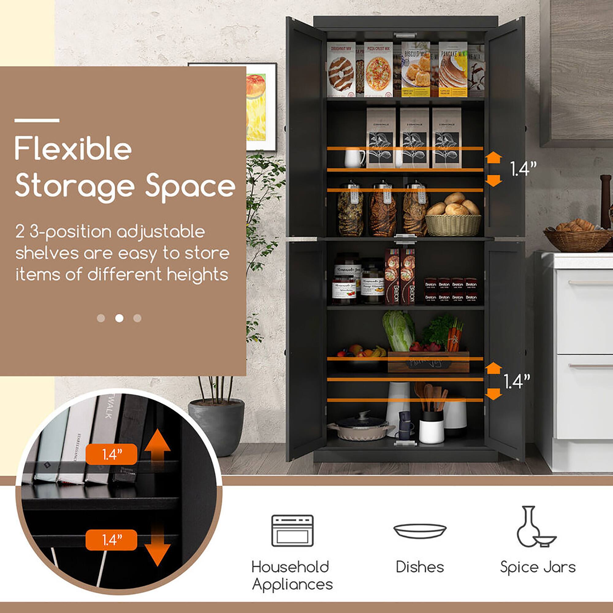 Flexible Storage Space

2 3-position adjustable shelves are easy to store items of different heights

1.4" 1.4" 1.4" 1.4"

Household Appliances Dishes Spice Jars