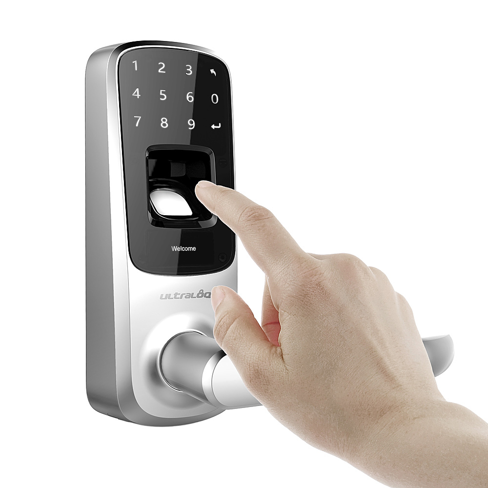 Angle View: Ultraloq - Smart Lock Bluetooth Replacement Handle with Electronic and Biometric Access - Satin nickel