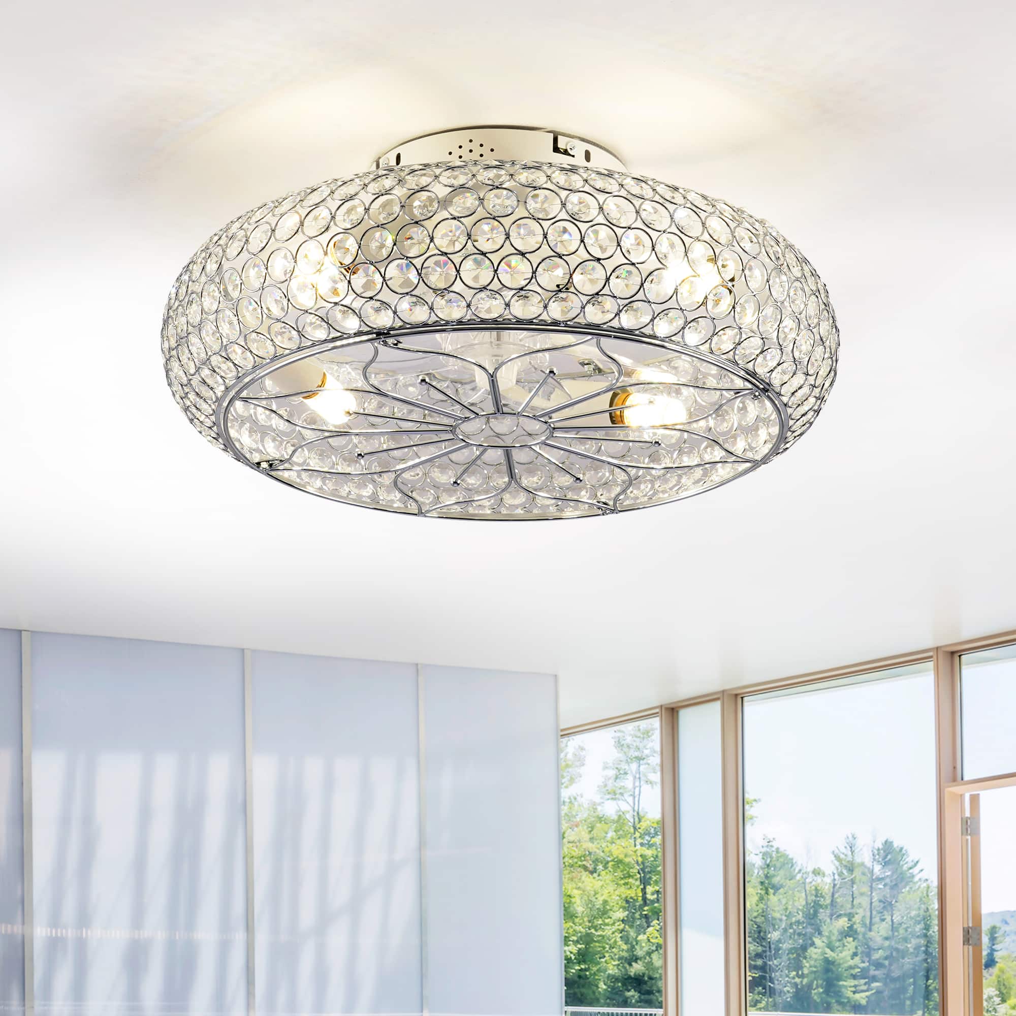 Front. Sofucor - Caged Crystal Ceiling Fans with Lights and Remote,20" Flush Mount Low Profile Enclosed Ceiling Fan for Bedroom Kitchen - Chrome.