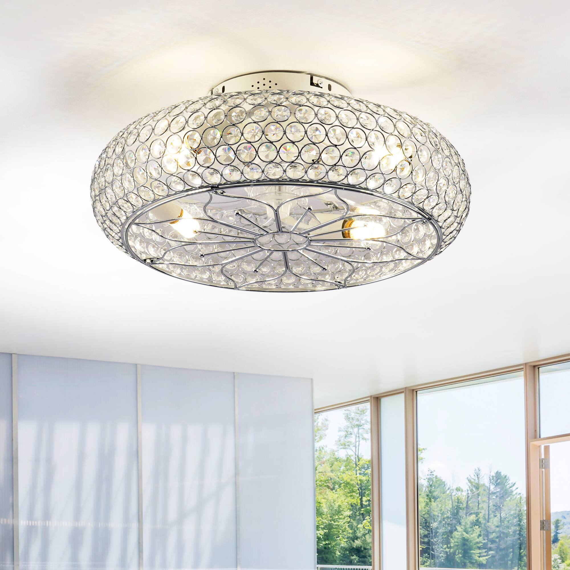Front. Sofucor - Caged Crystal Ceiling Fans with Lights and Remote,20" Flush Mount Low Profile Enclosed Ceiling Fan for Bedroom Kitchen - Chrome.