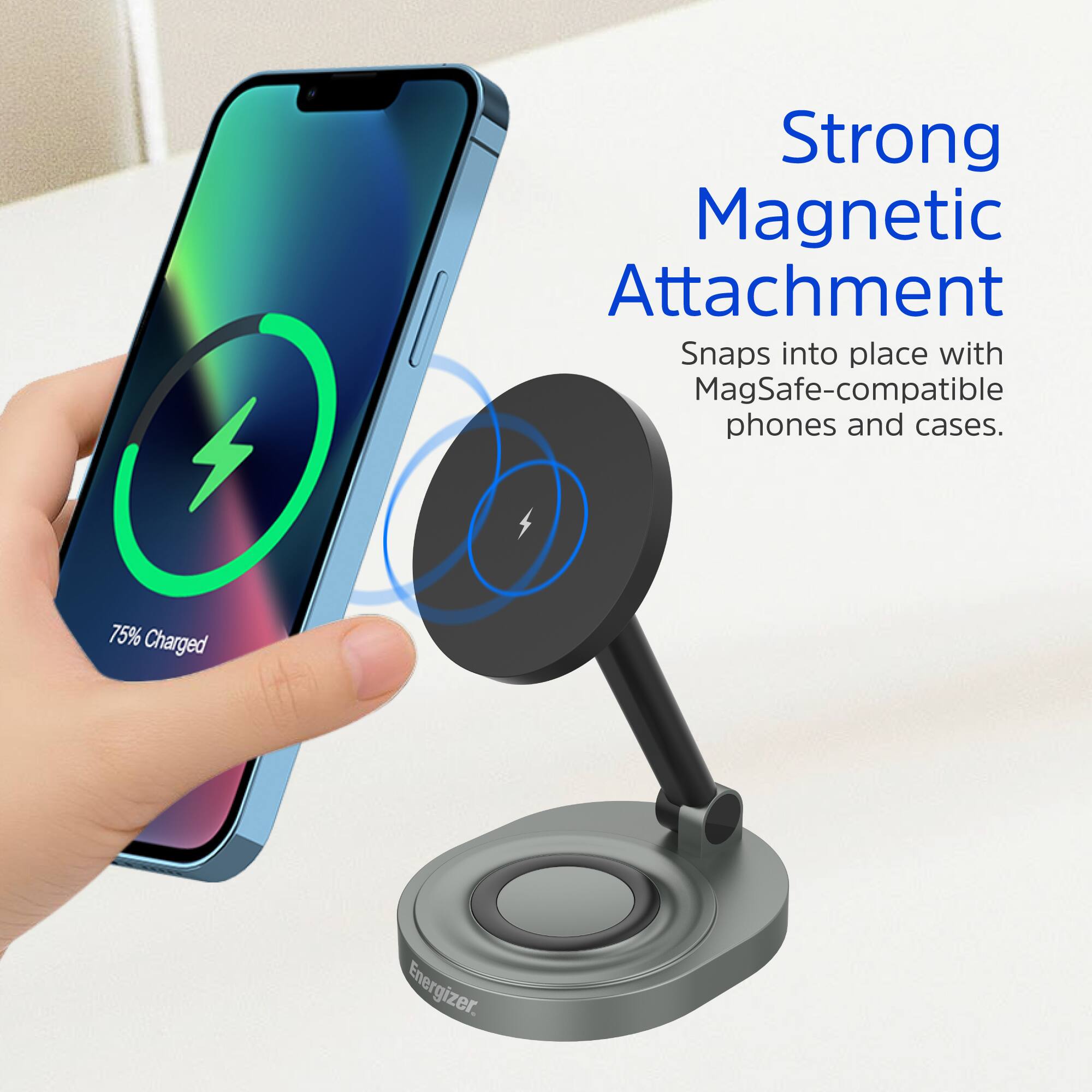 The image shows a person holding a cell phone with a magnetic attachment that snaps into place with MagSafe-compatible phones and cases. The attachment is 75% charged, as indicated by the image.
