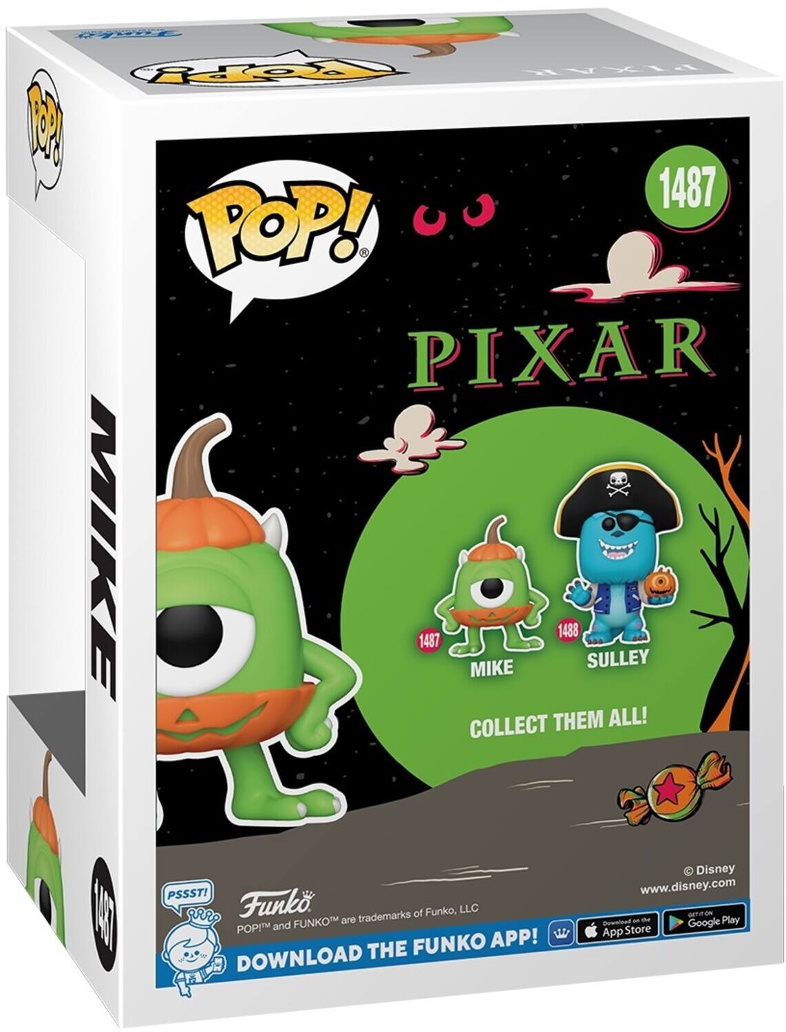 POP! PIXAR 1487, POP! PIXAR MIKE 1487, POP! PIXAR SULLEY 1488, COLLECT THEM ALL!, Disney, PSSST!, www.disney.com, Funko, LLC, GETION E FUNKOTM are - the Play and Dewnlead Google POPIM App Store, FUNKO APP!, DOWNLOAD THE