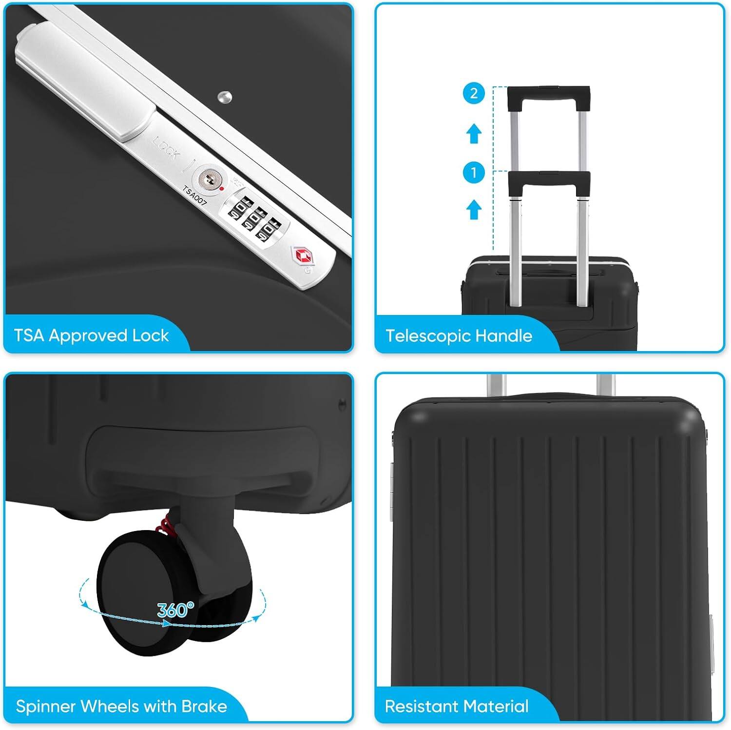 2 LUCK T5A007 E D D 1 K 1 TSA Approved Lock Telescopic Handle 360 Spinner Wheels with Brake Resistant Material

- TSA Approved Lock
- Telescopic Handle
- Spinner Wheels with Brake
- Resistant Material