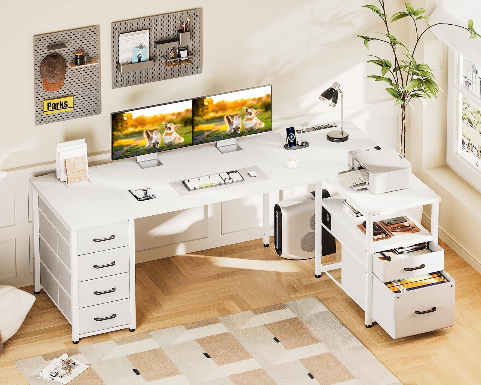 Alt View 2. AODK - Reversible L Shaped Desk with 5 Drawers & File Drawer, Computer Table with Power Outlet and Open Storage Shelf - White.
