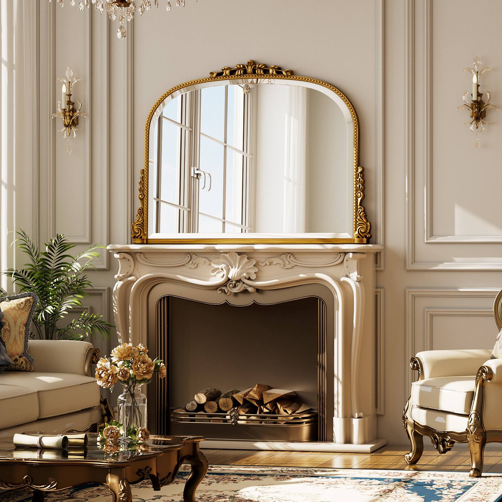 Left. Easly - Antique Gold 36 in. W x 27 in. H Carved Arched PU Frame Vanity Wall Mirror - Gold.