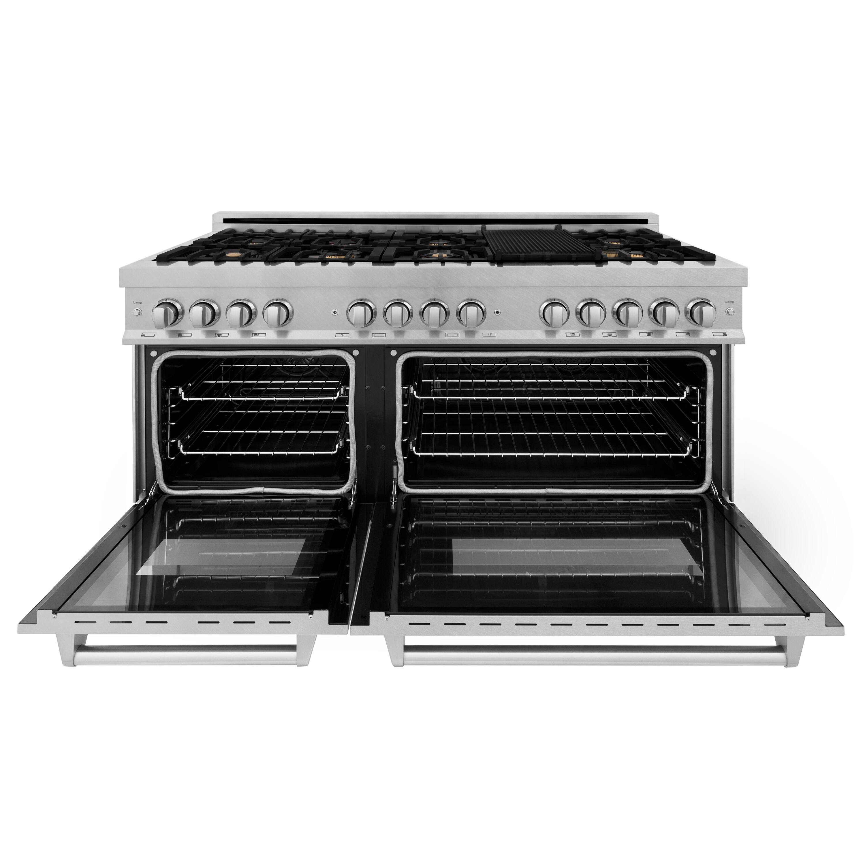 Left. ZLINE - ZLINE 60 in. Legacy Dual Fuel Range with 8 Brass Burners (RAS-SN-BR-60) - Satin Stainless Steel.