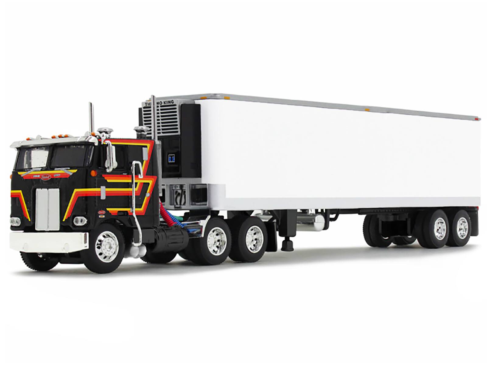 Angle. First Gear - Peterbilt 352 COE 86" Sleeper and 40' Vintage Trailer with Reefer Black with Stripes 1/64 - Multi.