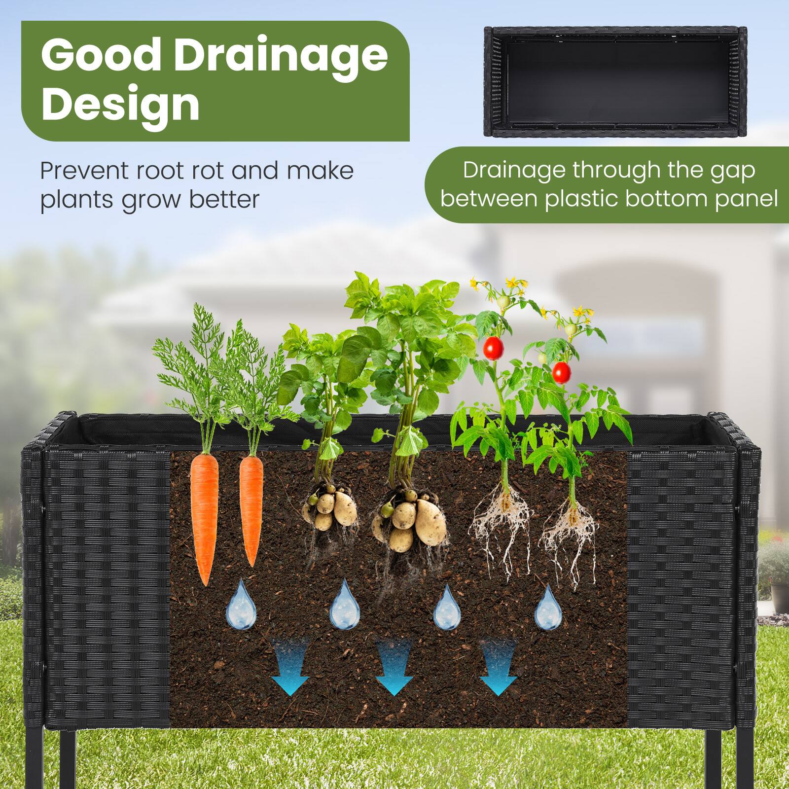 Good Drainage Design  
Prevent root rot and make plants grow better  

Drainage through the gap between plastic bottom panel
