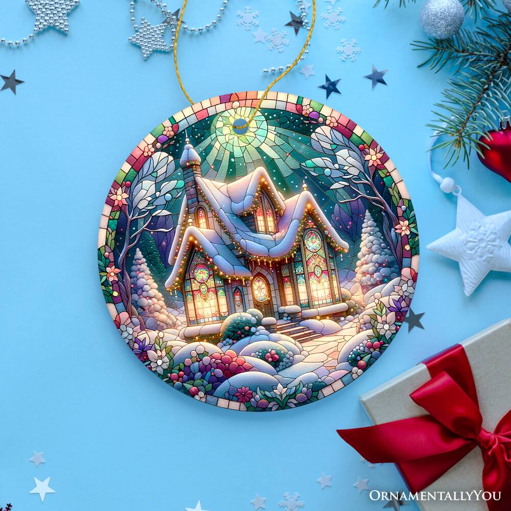 Back. OrnamentallyYou - Whimsical Cottage Stained Glass Style Ceramic Ornament Christmas Gift and Decor - Multi-colored.